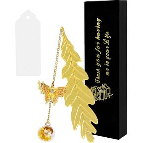 Metal Leaf Bookmark Appreciation Present: Cute Funny Unique Personalized Book Marker Kit with Butterfly,Bead,Chain,Idea Box for Boy Girl Christmas DIY Cool Charms,Teacher Retirement Favors (Gold)