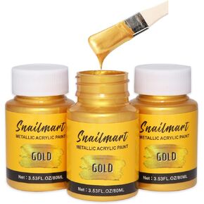 240ml Acrylic Paint Metallic Gold with 1 Brushes,Gold Leaf Paint for Art Painting, Hand-crafts, Non-Toxic, Non-Fading Gold Paint Ideal for Canvas, Wood, Fabric, Ceramic, Stone Craft Supplies（3 Pack）