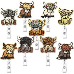 9Pcs Highland Cow Badge Reel with Clips Retractable Cute Glitter ID Name Badge Holder for Office Hospital Nurse Teacher Favor (Classic Style)