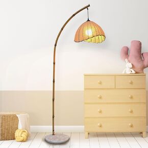 Retro Bamboo Floor Lamp Arc Floor Lamps for Living Room Tall Reading Lamps Modern Bohemian Hanging Vertical Lamp Antique Rattan Style for Bedroom Dining Room Farmhouse Study with LED Bulb