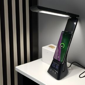eye-care desk lamp with smartphone charging function, can be used as a cell phone holder, touch switch, with electronic clock and alarm clock, three soft light, with USB charging cable, Black