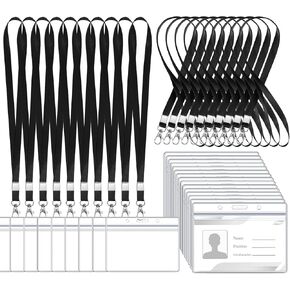 50 Pack Name Tag Lanyards with Id Holder, Clear Plastic Horizontal Name Tags Holders and Black Badge Lanyards with ID Holder for School Office Team Workers Volunteers (Black)