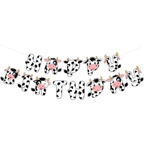 Farm Cow Theme Happy Birthday Banner Ranch Animal Party Garland Baby Shower Party Bunting for Boy Girl Barnyard Party Photography Supplies (Black-White)