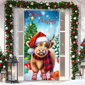 Christmas Highland Cow Door Cover, Merry Christmas Door Decorations Front Door Banner Welcome Signs for Holiday Home Decor Indoor/Outdoor New Year Christmas Party Supplies 70.8x 35 Inch