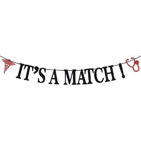 It's A Match Banner, Residency Match Day Sign, Congrats on Matching, 2024 Medical School Graduation Party Decorations Supplies, Black Glitter
