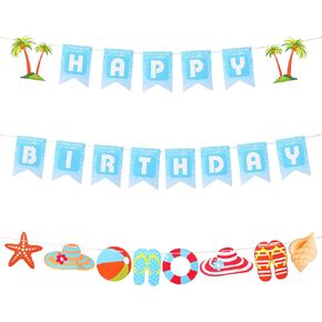 Beach Happy Birthday Banner Blue White Happy Birthday Sign Banner Seaside Birthday Party Decoration Supplies Beach Themed Birthday Banner Decorations Hawaiian Seaside Beach Pool Decor