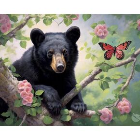 LXTONG Black Bear and Butterfly Diamond Dots Gem Art Full Round Crystal Rhinestones Diamond Embroidery Paintings Tree and Bear Painting Kits for Beginner Adult (16 X 12 Inches)