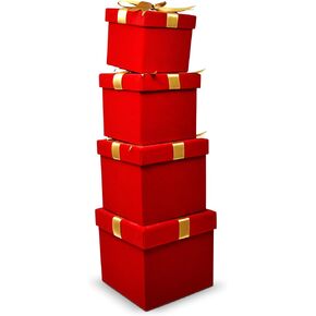 Christmas Nesting Gift Boxes Square 4 Pack Red Velvet with Gold Ribbon Bow Christmas Stacked Gift Box with Lids in 4 Assorted Sizes for Gift Giving Holiday Decorative Gifts Present Wrapping