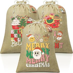 3PCS Large Burlap Christmas Drawstring Gift Bags w/Tags, 20x28in Buffalo Plaid Christmas Gift Bags Big Holiday Gift Bags Reusable Cotton Gift Wrapping Bags Santa Sack for Xmas Present Party Favor