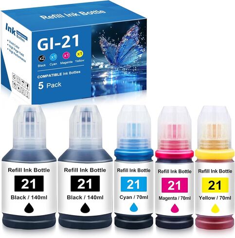 زجاجات حبر B-T GI-21 متوافقة مع مجموعة زجاجات إعادة تعبئة الحبر CAN GI 21 GI21 21 لطابعة MegaTank G3270 G3290 G4280 G3260 G4270 G2260 G1220 G1230 G2270 (5 عبوات، حبر GI21) in Saudi Arabia