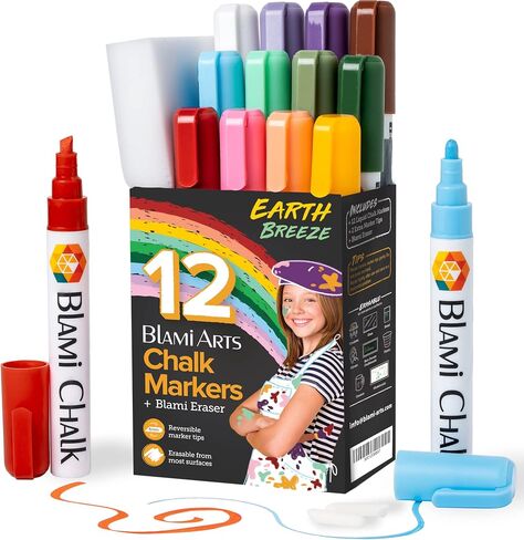 Chalk Markers Window Markers for Cars 12 Pastel Pens Set - Earth Colors Chalkboard Markers - Chalk Markers with Reversible Tips and Erasing Sponge Included in Saudi Arabia