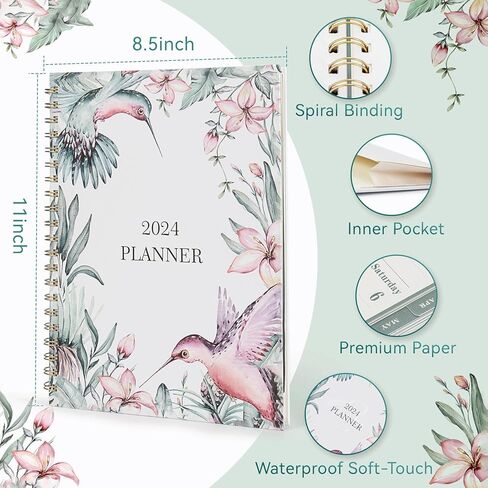 WERTIOO 2024 Planner, 8.5 x 11 Inch Monthly and Weekly Hummingbirds Planner, JAN.2024 to DEC.2024, Large Planner with Spiral Bound, Note Pages, Pockets in Kuwait