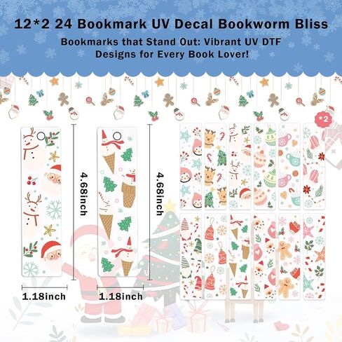 Christmas UV DTF Bookmark Stickers - 24 Pcs Gnome Santa Claus Blank Acrylic Bookmarks Uvdtf Double-Sided Sticker About Festival Theme, Cute Snowflake Elk Rub on Transfer Decals for Booklover Gifts in Kuwait