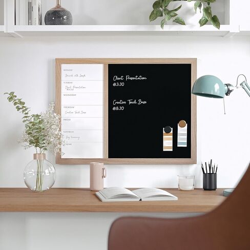 Martha Stewart Everette Magnetic Weekly Calendar Dry Erase Board and Chalk Board with Liquid Chalk Marker and Magnets, 24"x18", Light Natural Woodgrain Frame in Saudi Arabia