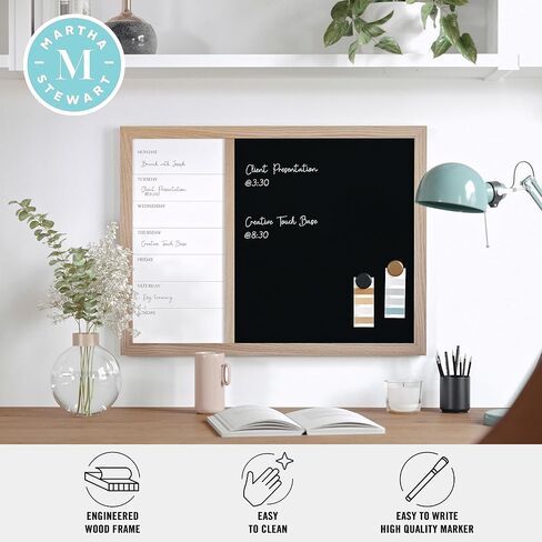 Martha Stewart Everette Magnetic Weekly Calendar Dry Erase Board and Chalk Board with Liquid Chalk Marker and Magnets, 24"x18", Light Natural Woodgrain Frame in Saudi Arabia