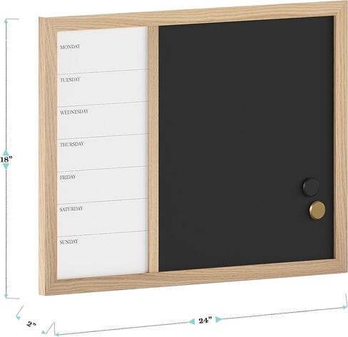 Martha Stewart Everette Magnetic Weekly Calendar Dry Erase Board and Chalk Board with Liquid Chalk Marker and Magnets, 24"x18", Light Natural Woodgrain Frame in Saudi Arabia