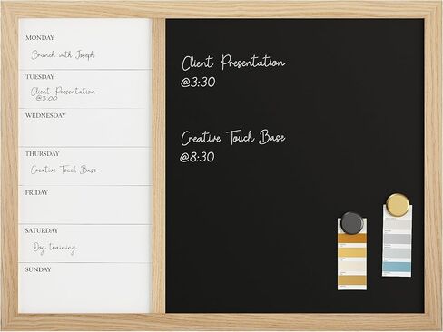 Martha Stewart Everette Magnetic Weekly Calendar Dry Erase Board and Chalk Board with Liquid Chalk Marker and Magnets, 24"x18", Light Natural Woodgrain Frame in Saudi Arabia