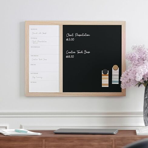 Martha Stewart Everette Magnetic Weekly Calendar Dry Erase Board and Chalk Board with Liquid Chalk Marker and Magnets, 24"x18", Light Natural Woodgrain Frame in Saudi Arabia