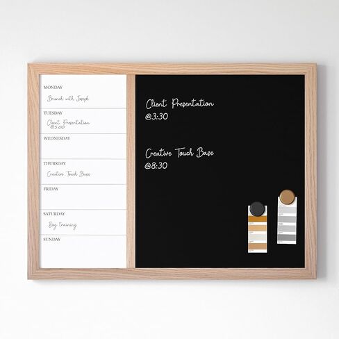 Martha Stewart Everette Magnetic Weekly Calendar Dry Erase Board and Chalk Board with Liquid Chalk Marker and Magnets, 24"x18", Light Natural Woodgrain Frame in Saudi Arabia