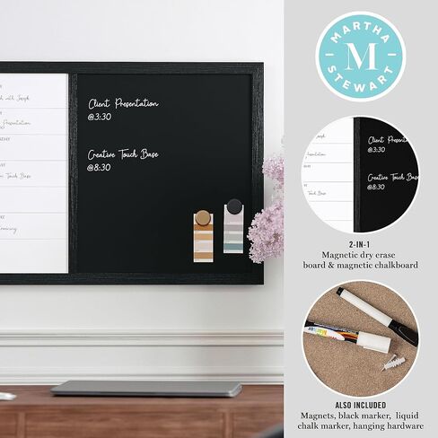 Martha Stewart Everette Magnetic Weekly Calendar Dry Erase Board and Chalk Board with Liquid Chalk Marker and Magnets, 24"x18", Light Natural Woodgrain Frame in Saudi Arabia