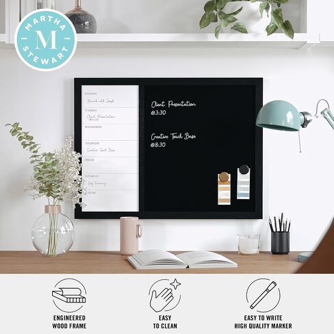 Martha Stewart Everette Magnetic Weekly Calendar Dry Erase Board and Chalk Board with Liquid Chalk Marker and Magnets, 24"x18", Light Natural Woodgrain Frame in Saudi Arabia