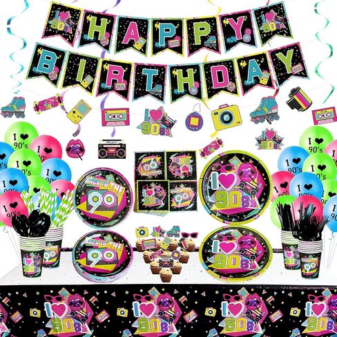 لوازم حفلات التسعينيات - مجموعة ديكورات حفلات العودة إلى التسعينيات، بما في ذلك لافتة عيد ميلاد سعيد، ودوامات معلقة، ورايات عناصر التسعينيات، والأطباق، والأكواب، والمناديل، وأدوات المائدة، ومفارش المائدة، والبالونات - تكفي 20 شخصًا in Kuwait