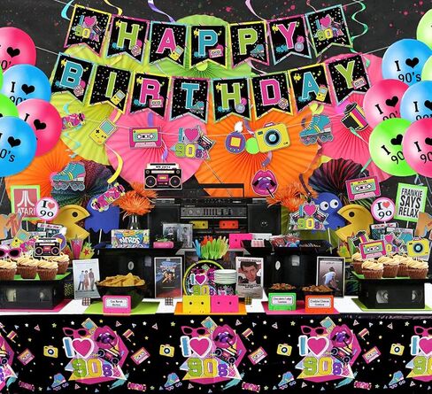 لوازم حفلات التسعينيات - مجموعة ديكورات حفلات العودة إلى التسعينيات، بما في ذلك لافتة عيد ميلاد سعيد، ودوامات معلقة، ورايات عناصر التسعينيات، والأطباق، والأكواب، والمناديل، وأدوات المائدة، ومفارش المائدة، والبالونات - تكفي 20 شخصًا in Kuwait