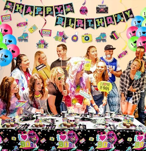 لوازم حفلات التسعينيات - مجموعة ديكورات حفلات العودة إلى التسعينيات، بما في ذلك لافتة عيد ميلاد سعيد، ودوامات معلقة، ورايات عناصر التسعينيات، والأطباق، والأكواب، والمناديل، وأدوات المائدة، ومفارش المائدة، والبالونات - تكفي 20 شخصًا in Kuwait
