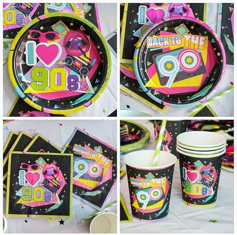 لوازم حفلات التسعينيات - مجموعة ديكورات حفلات العودة إلى التسعينيات، بما في ذلك لافتة عيد ميلاد سعيد، ودوامات معلقة، ورايات عناصر التسعينيات، والأطباق، والأكواب، والمناديل، وأدوات المائدة، ومفارش المائدة، والبالونات - تكفي 20 شخصًا in Kuwait