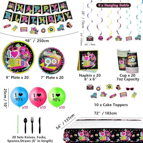 لوازم حفلات التسعينيات - مجموعة ديكورات حفلات العودة إلى التسعينيات، بما في ذلك لافتة عيد ميلاد سعيد، ودوامات معلقة، ورايات عناصر التسعينيات، والأطباق، والأكواب، والمناديل، وأدوات المائدة، ومفارش المائدة، والبالونات - تكفي 20 شخصًا in Kuwait