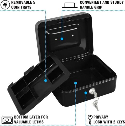 Money Handling Security Box Cash Box, Locking Cash Box with Removable Coin Tray,Metal Money Box for Cash with Key Lock, Portable Lock Safe Box with Handle in Saudi Arabia