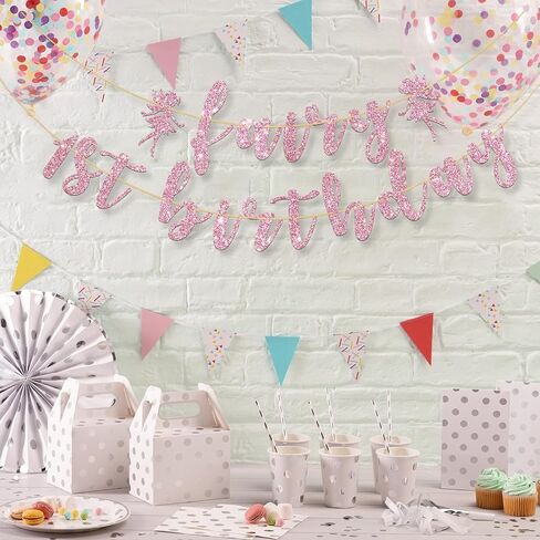 لافتة عيد الميلاد الأول من الجنية، زينة حفلات عيد الميلاد الأول من الجنيات اللطيفة، لوازم حفلات أعياد الميلاد الأولى للفتيات على شكل زهرة، لمعان وردي in Kuwait