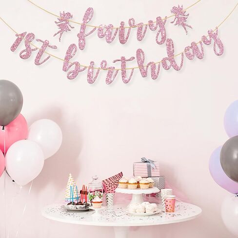 لافتة عيد الميلاد الأول من الجنية، زينة حفلات عيد الميلاد الأول من الجنيات اللطيفة، لوازم حفلات أعياد الميلاد الأولى للفتيات على شكل زهرة، لمعان وردي in Kuwait