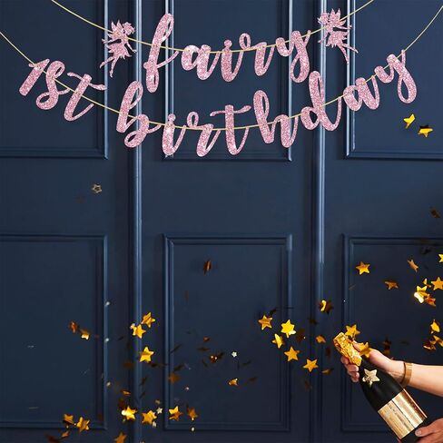 لافتة عيد الميلاد الأول من الجنية، زينة حفلات عيد الميلاد الأول من الجنيات اللطيفة، لوازم حفلات أعياد الميلاد الأولى للفتيات على شكل زهرة، لمعان وردي in Kuwait