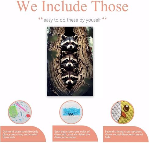 NSUAJOF Raccoon Diamond Painting Kits Raccoons Full Round Drill Adults Beginners DIY 5D Art Painting for Interior Decoration Home Wall Decor Gifts 12x16 Inch in Saudi Arabia