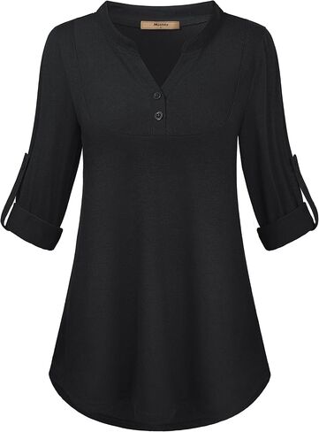 Miusey Womens Buffalo Plaid Roll Sleeve V Neck Flowy Loose Tunic Blouse in Kuwait