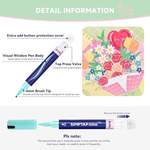 Arrtx Top Valve Action Marker Pen, 48 Colors Simptap Acrylic Paint Pens, Water Based Paint Markers for Stone, Glass, Extra Brush Tip in Kuwait