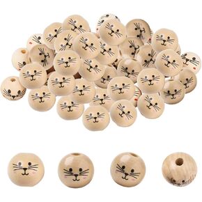 PH PandaHall 60pcs Cat Face Wooden Beads 18mm Painted Beads Farmhouse Wooden Beads Spacer Beads Loose Round Beads for DIY Crafts Home Party Hanging Decoration Festival Easter