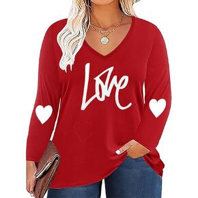 Plus Size Women Valentine Shirts Love Heart Graphic Long Sleeve T-Shirt Casual Cute Valentines Day Gift V Neck Tops(2-5X)