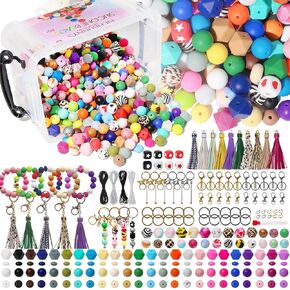 Richbunnys 734+71pcs Silicone Beads for Keychain Making kit, 15MM Rubber Silicone Beads Bulk for Pens/Bracelet/Necklace/Lanyard Making, Hexagon Lentil Round Silicone Beads with Key Rings and Tassels