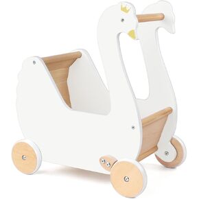 Wooden Doll Stroller,Baby Pram Stroller Toy,Wooden Swan Baby Walker,Baby Stroller Toy for Toddler Boys Girls 18 Months and Up