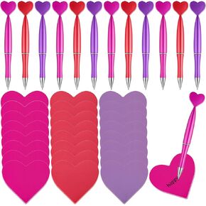 Gueevin 48 Pcs Heart Shaped Pens Set 24 Valentine's Heart Ballpoint Pens Spin Office 1 mm Black Gel Ink Rollerball 24 Sticky Notes Self Adhesive Notepads for Office Valentine's Day Gift