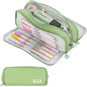 Large Capacity Pencil Case Pouch with 3 Compartment, Zipper Spacious Opening Pen Bag School Office Storage for Students Girls Boys Adults (Green)