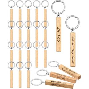 Wavyknot 24 Pcs Blanks Wooden Keychain Bulk Laser Engraving Blanks Wooden Key Chain Rectangle DIY Wood Key Chain Unfinished Wooden Key Tag for Laser Engraving, DIY Various Key Tags, Wood Crafts Gift