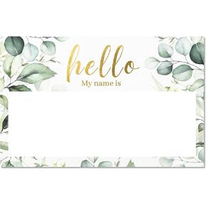 Hello My Name is Stickers Name Tags | Gold Foil | Perforated 2.25 x 3.5 Inch Name Tag Stickers | Greenery Theme |100pcs Name Stickers Name Badge for Wedding, Party, Bridal Shower and Baby Shower