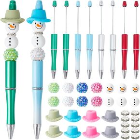 SUNNYCLUE DIY 8 Sets Christmas Bead Pens Kit Beaded Pen Set Winter Beadable Pens Christmas Snowman Hat Silicone Beads Rhinestone Spacer Bead Xmas Beads for Teachers Students Gifts Office School