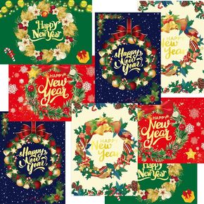 Fancy Land Happy New Year Cards with Envelopes Wreath Holiday Greeting Cards 12Pcs