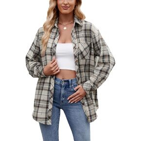 Agoeast Womens Oversized Flannel Plaid Shirts Casual Button Down Blouse Tops with Pockets