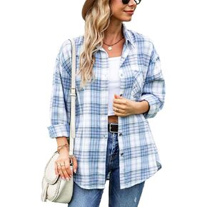 Agoeast Womens Oversized Flannel Plaid Shirts Casual Button Down Blouse Tops with Pockets