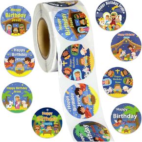500 Pcs Happy Birthday Jesus Stickers for Kids Religious Birthday Jesus Stickers Roll for Christmas Nativity Scene Sticker Roll Church and Sunday School Classroom Party Decoration Supplies